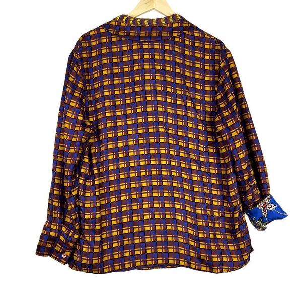 ZARA MULTICOLOR Checked FLOWY FLIP CUFF SILK SHIRT W BEADED NECK Button UP Large - Picture 3 of 10